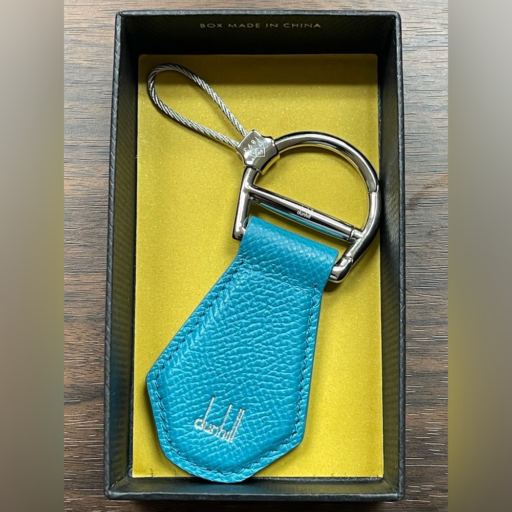 NWT Dunhill turquoise Leather Logo  Keychain Key Fob Silver Framed Closure W…